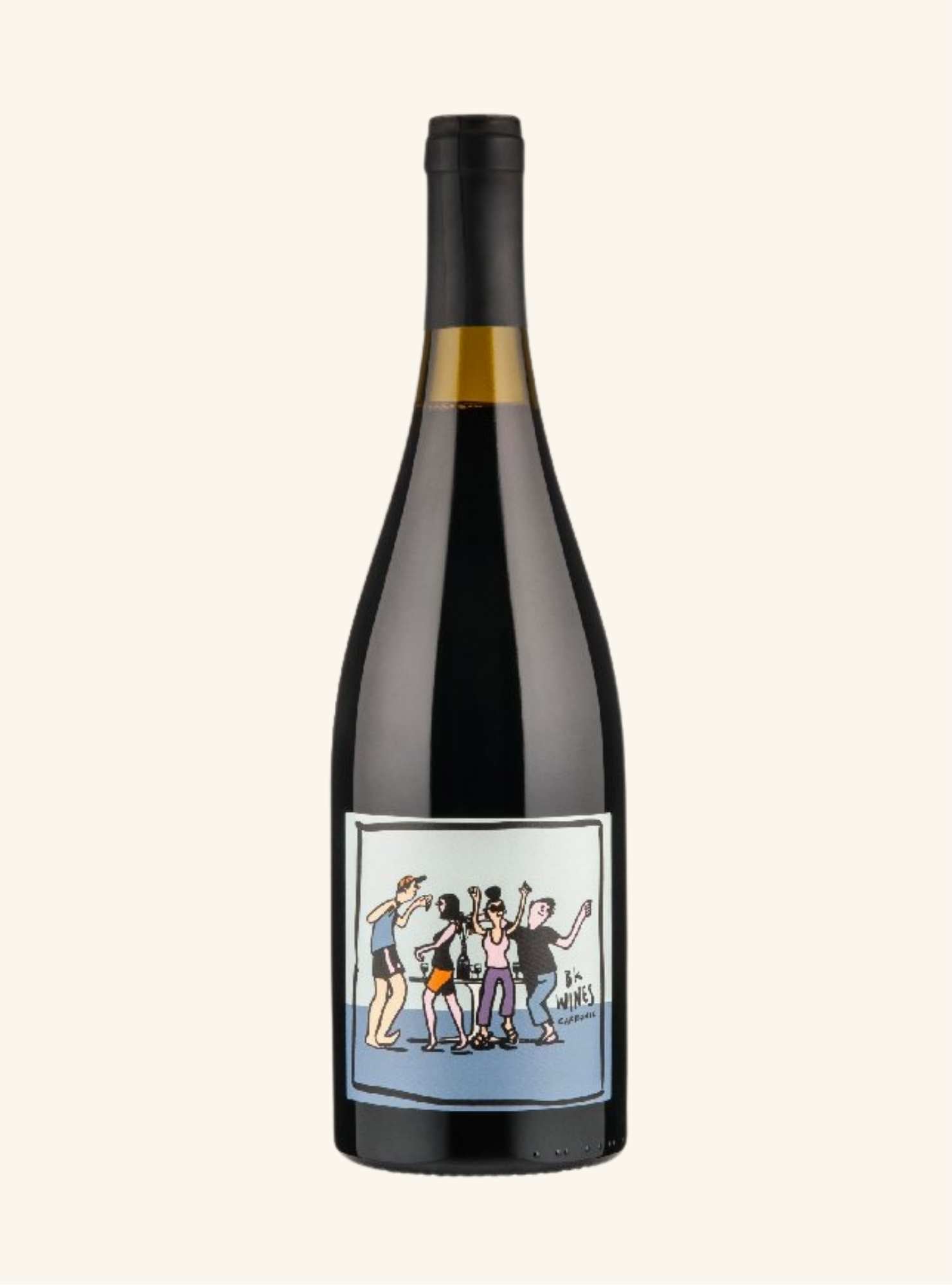 Wine bottle with a colorful label featuring people dancing with BK Wines Carbonic branding on a white background