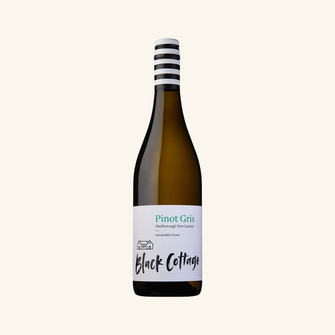 Wine bottle with 'Black Cottage Pinot Gris' label on a white background