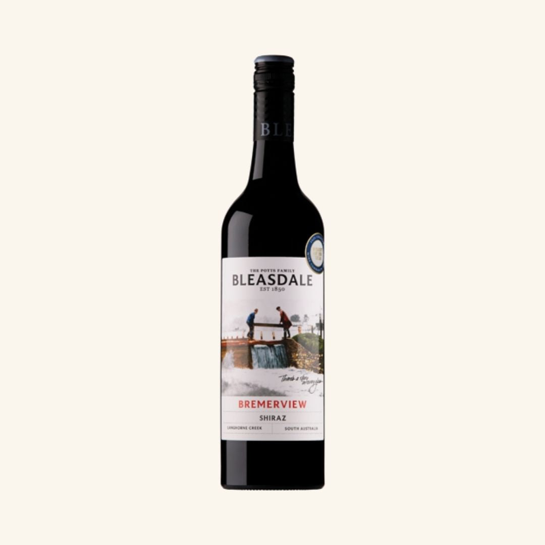 Bleasdale Bremerview Shiraz wine bottle with a scenic label on a white background