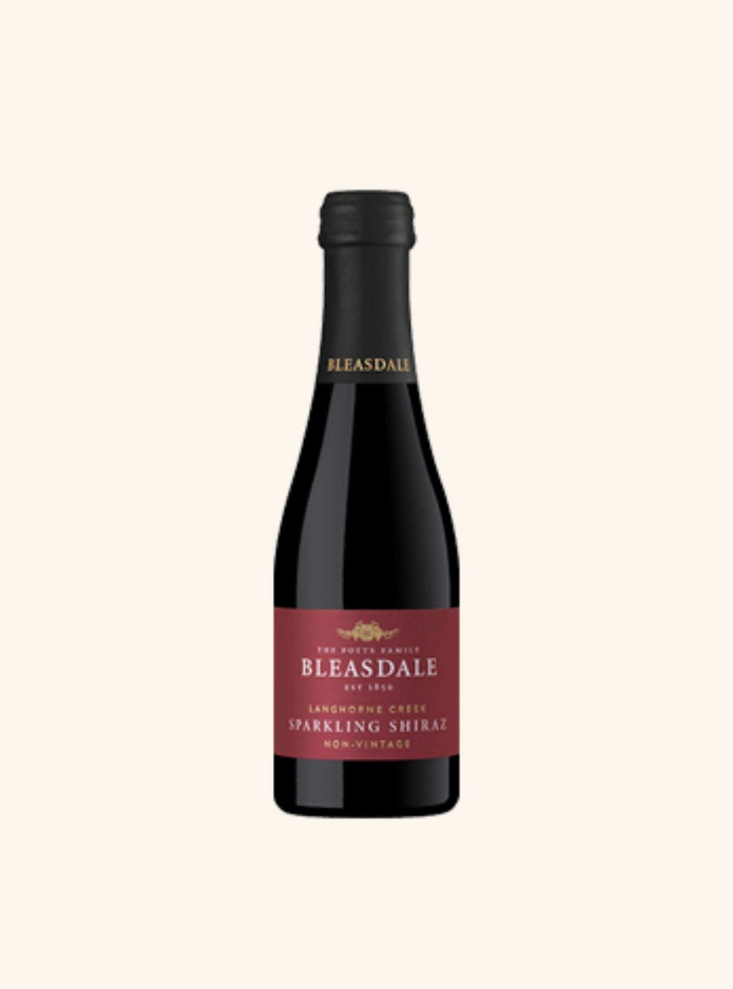 mini bottle of Bleasdale sparkling shiraz wine with a red label on a white background
