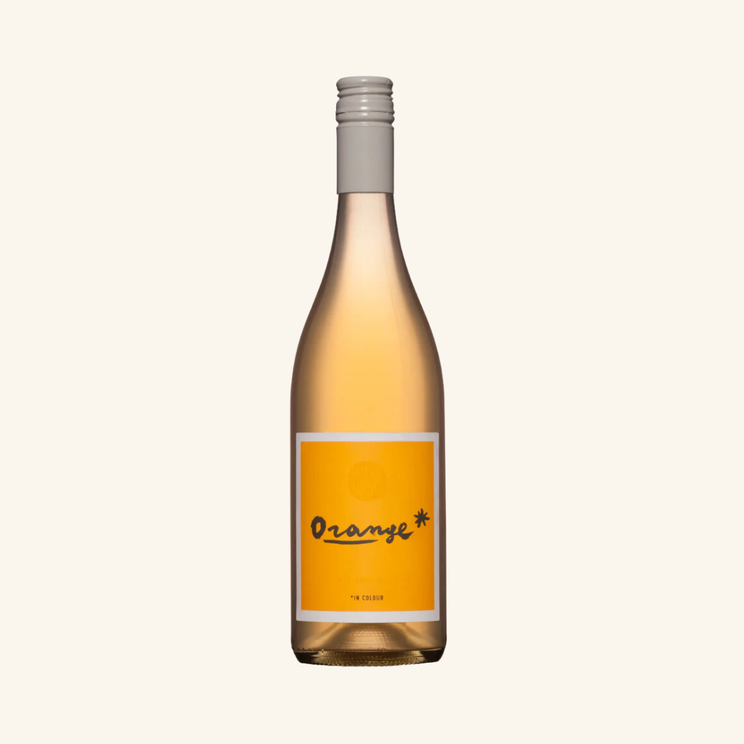 A bottle of Blind Corner Orange wine with a yellow label on a plain background.