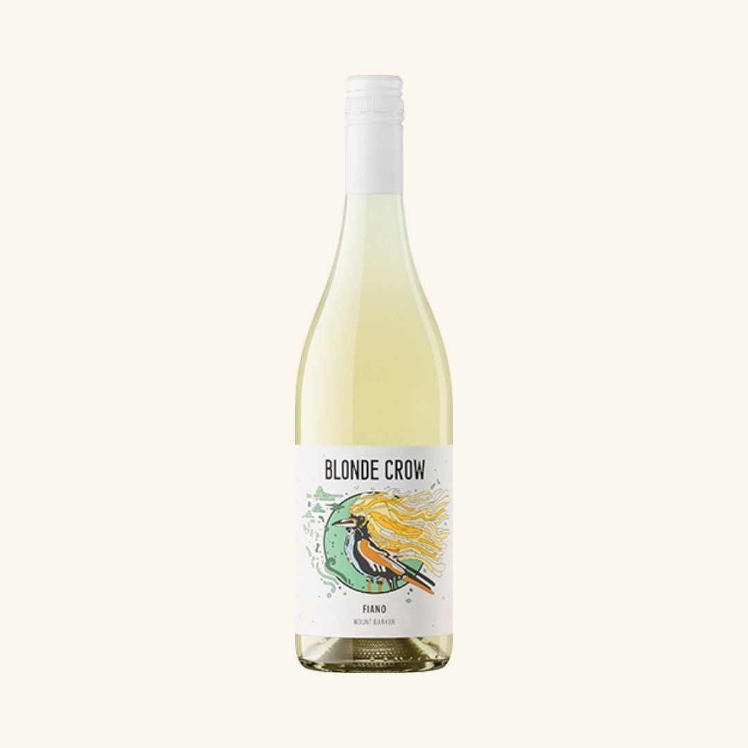 Wine bottle with 'Blonde Crow fiano' label on a white background