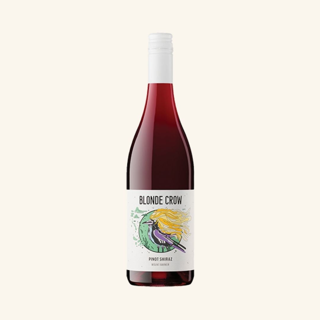 Wine bottle with a colorful label branded blonde crow pinot shiraz on a white background