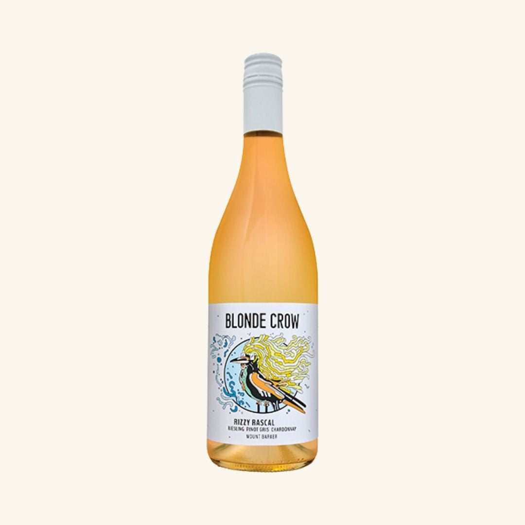 Bottle of Blonde Crow rizzy rascal wine on a white background