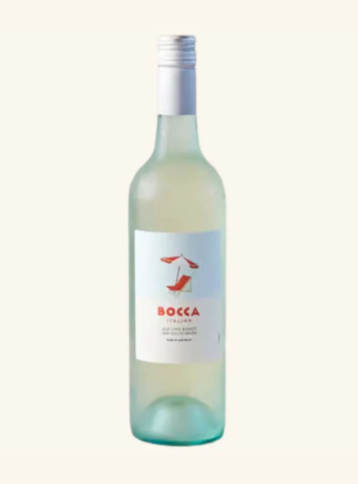 Wine bottle with a label branded bocca italian bianco on a white background