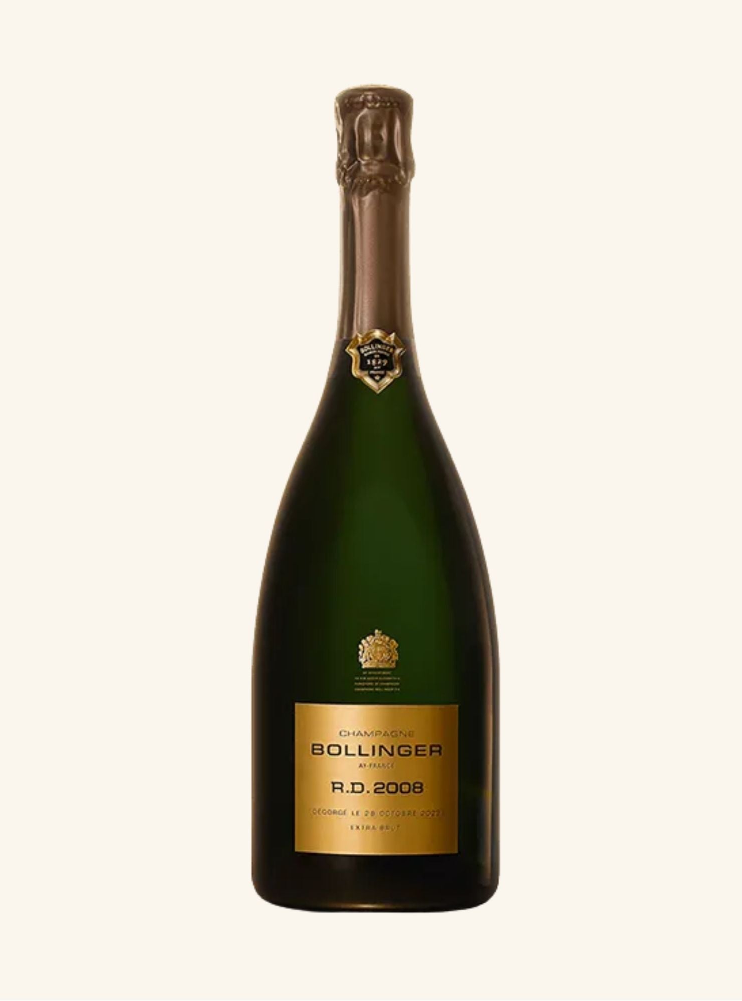 Bollinger champagne RD 2008 bottle with a gold label on a white background
