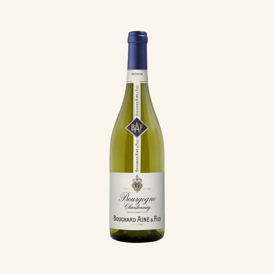 Bottle of Bourgogne Chardonnay from bouchard aine & fils with a blue label on a white background