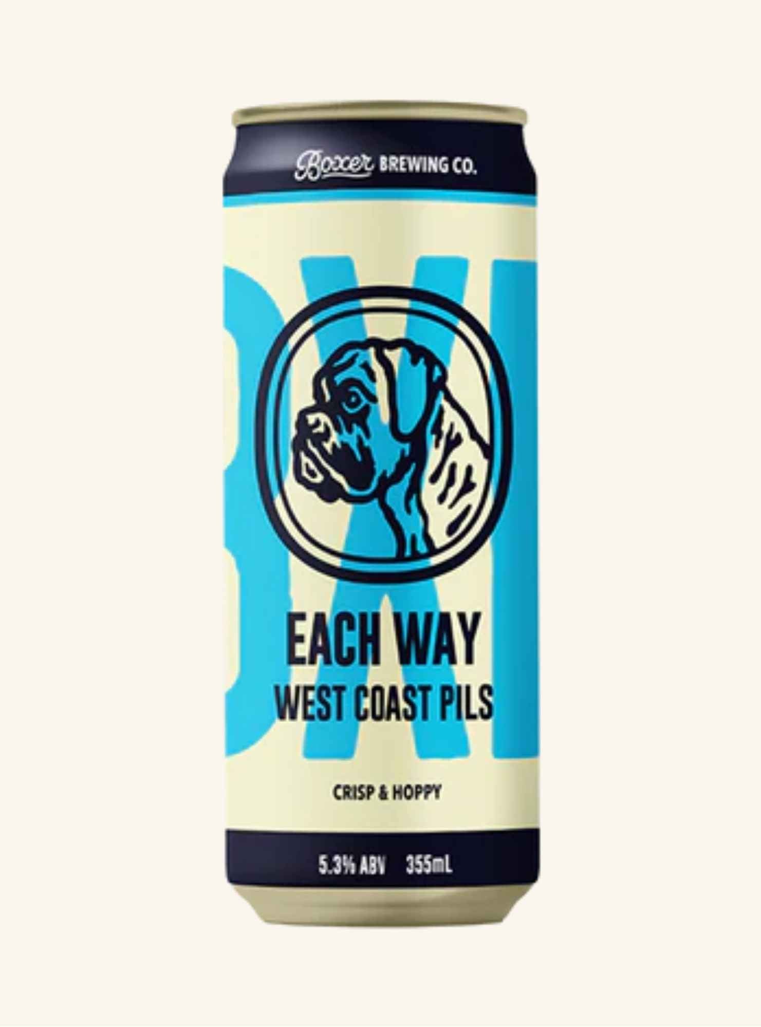 Beer can with 'Each Way West Coast Pils' branding on a white background