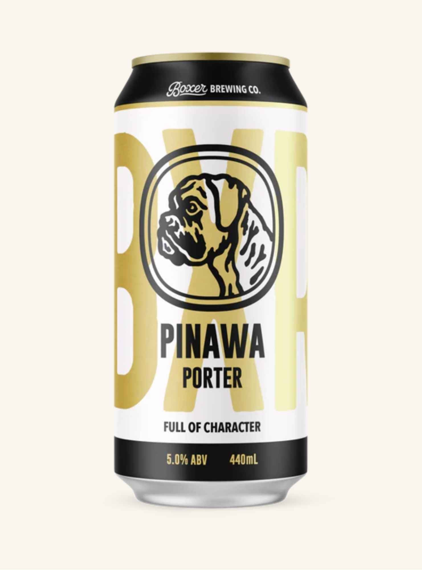 Beer can of Boxer Pinawa Porter with a black and gold design on a white background