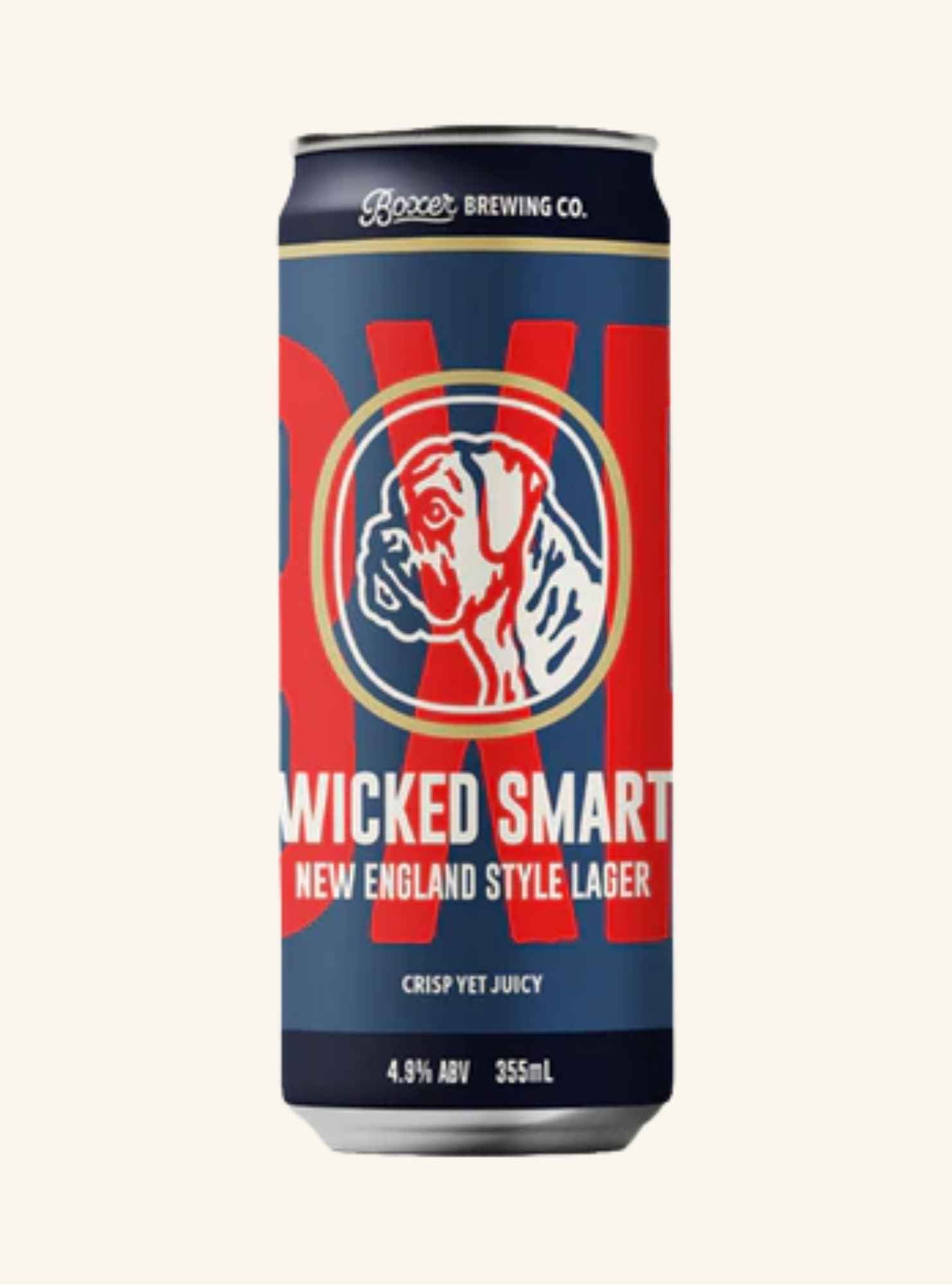 Beer can with 'Wicked Smart new england style lager branding on a white background