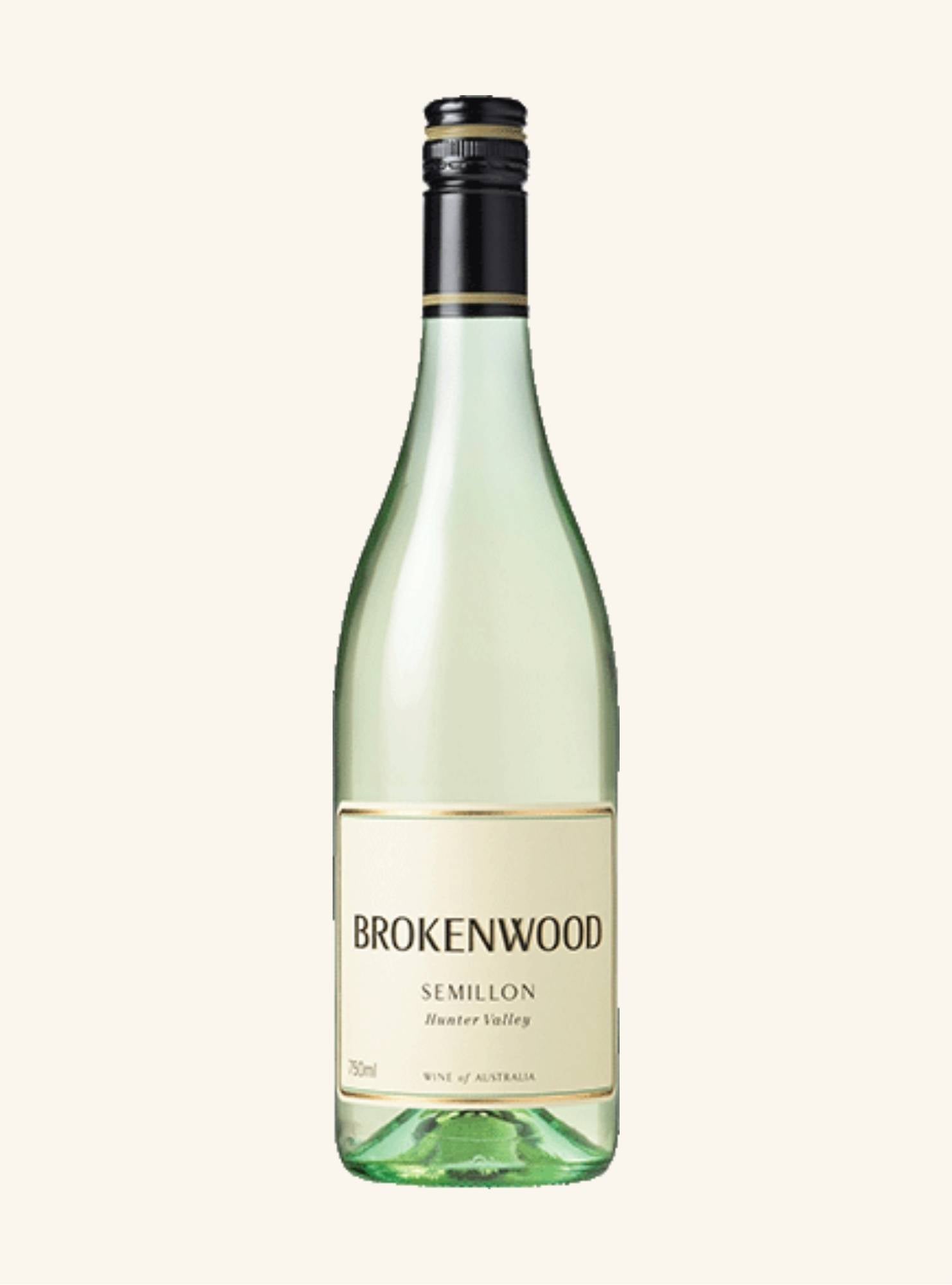 Green wine bottle with 'Brokenwood semillon' label on a white background