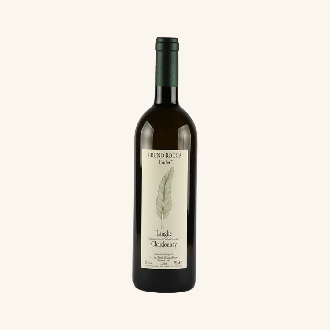Wine bottle with label branded bruno rocca cadet langhe chardonnay on a white background