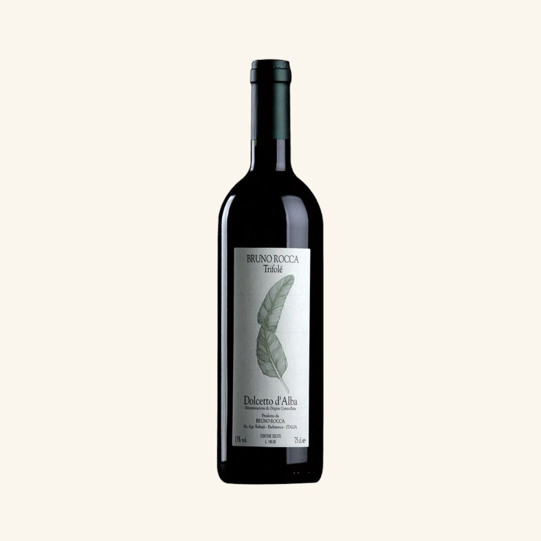 wine bottle bruno rocca trifole dolcetto d'alba on a white background