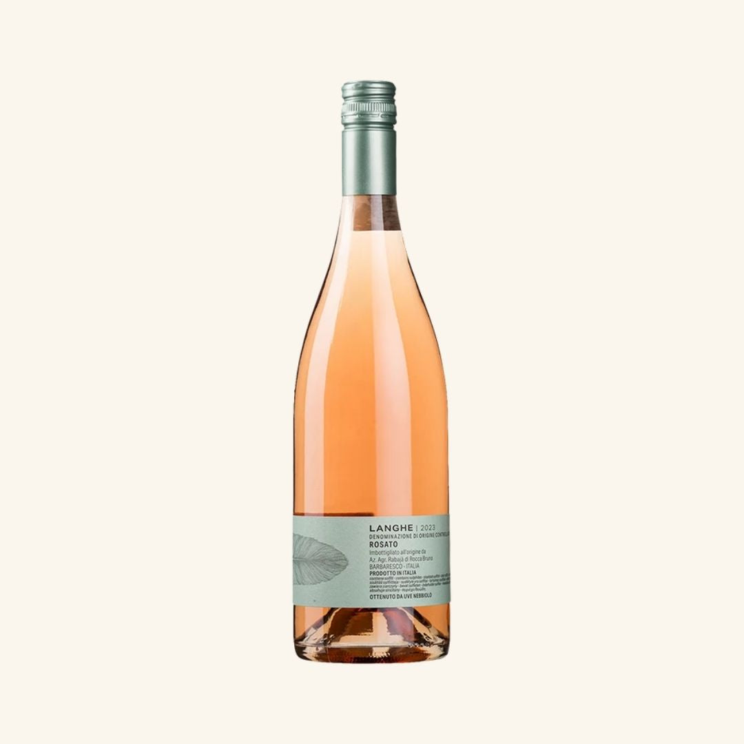 bottle of rose wine branded langhe rosato on a white background.