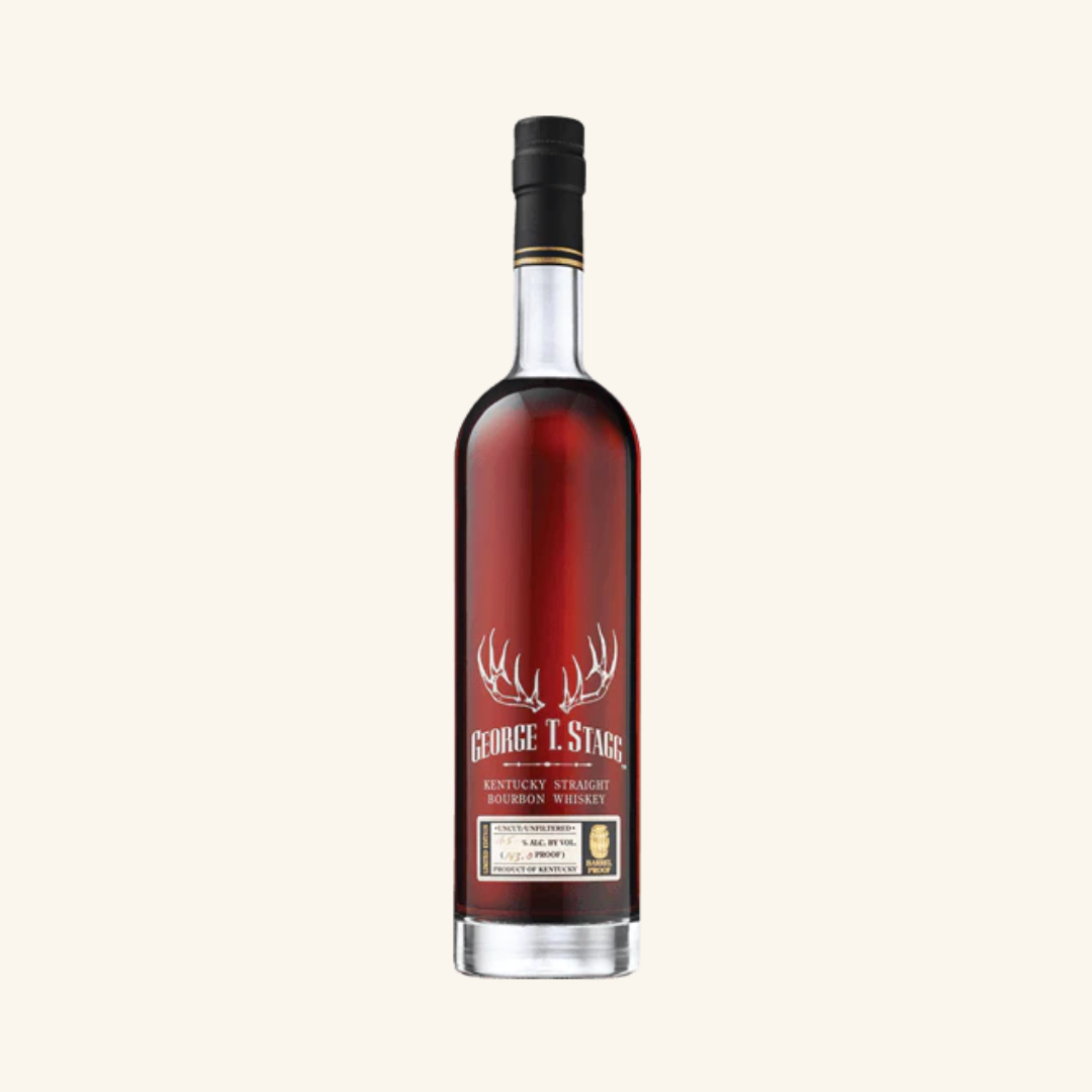 A bottle of Buffalo Trace George T. Stagg Kentucky Straight Bourbon Whiskey with a label showcasing the brand and product name.