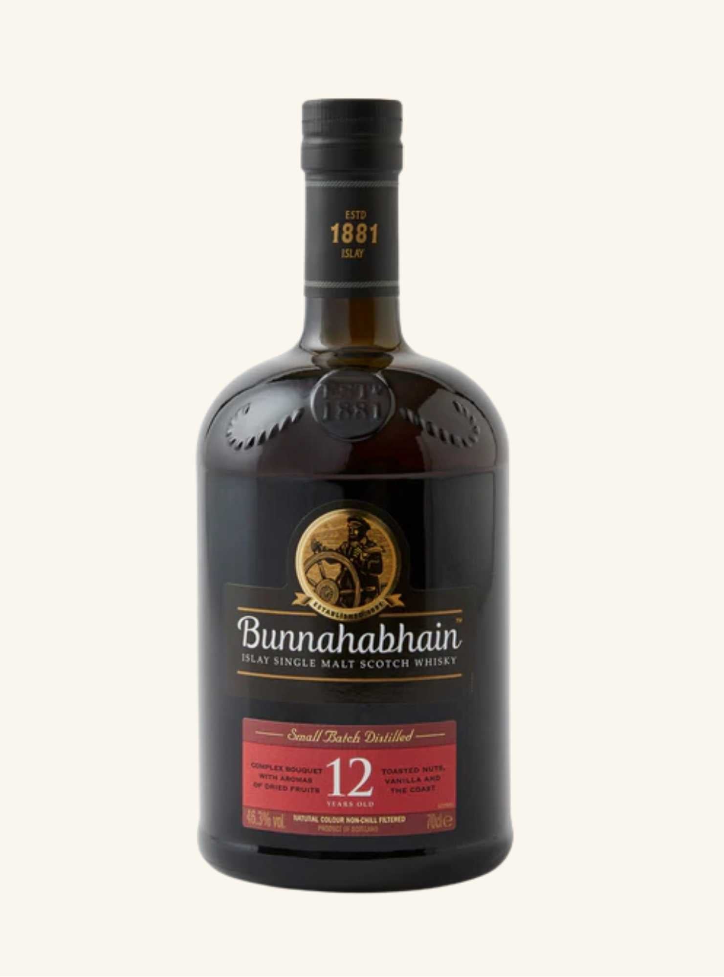 Bottle of Bunnahabhain 12-year-old single malt Scotch whisky on a white background