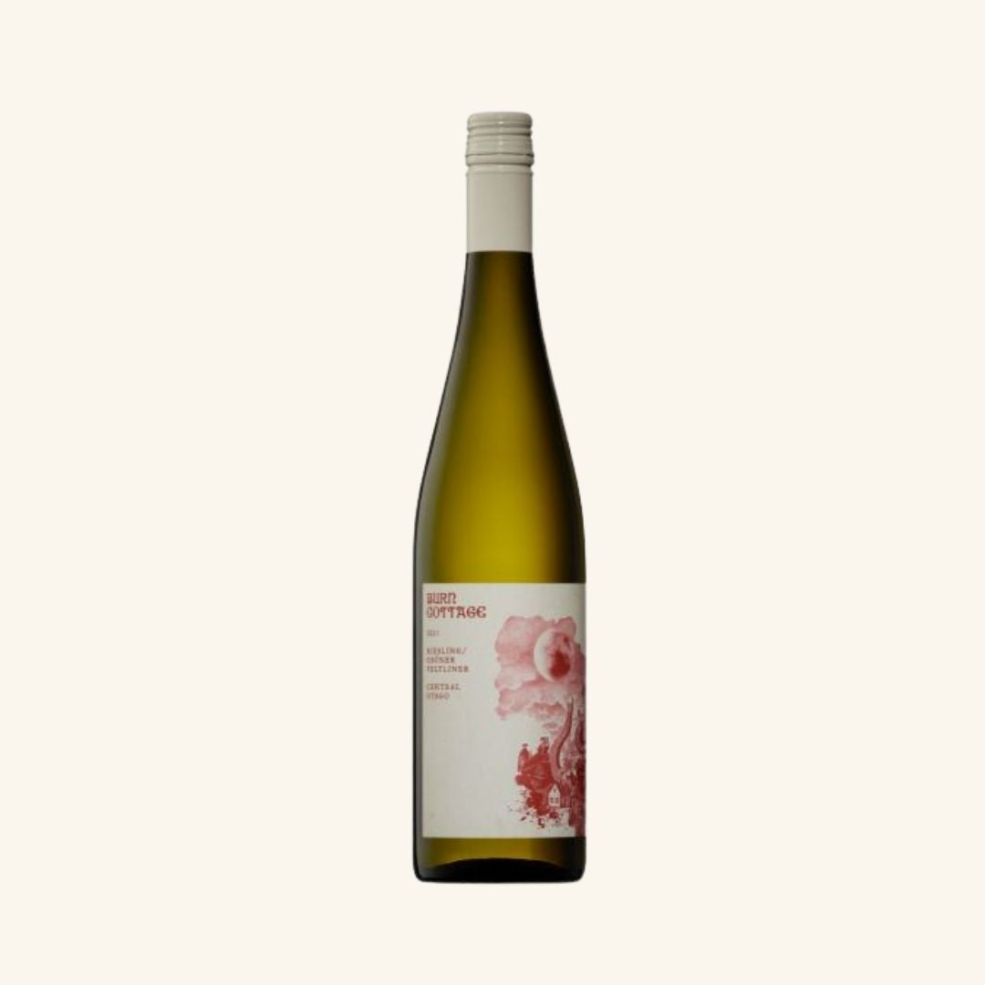 Wine bottle with a label branded burn cottage riesling gruner veltliner on a white background