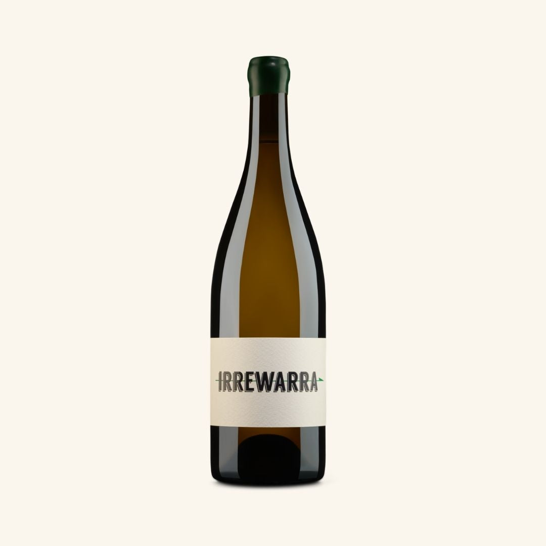white wine bottle branded irrewarra on a white background.