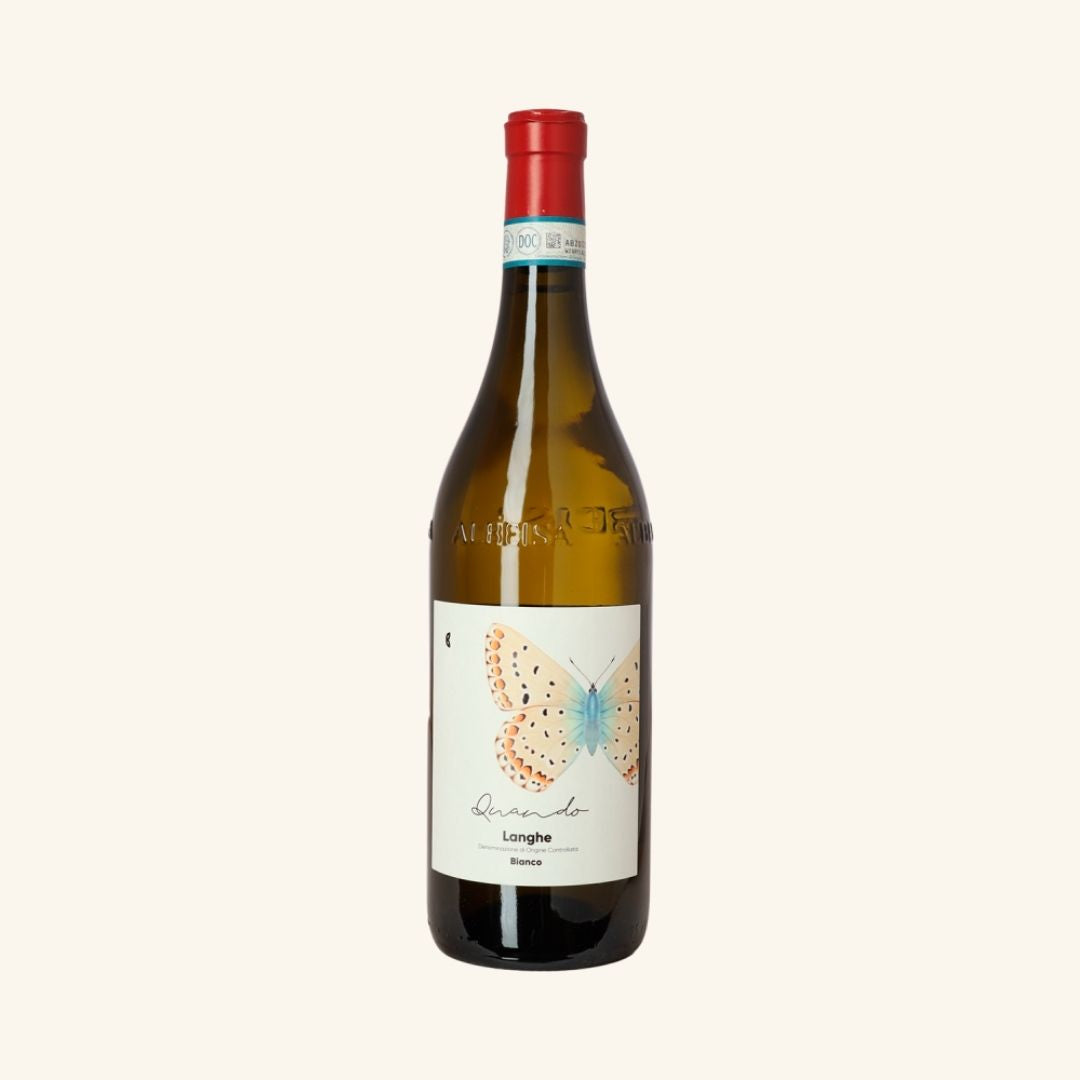 Wine bottle with a butterfly design on the label against a white background