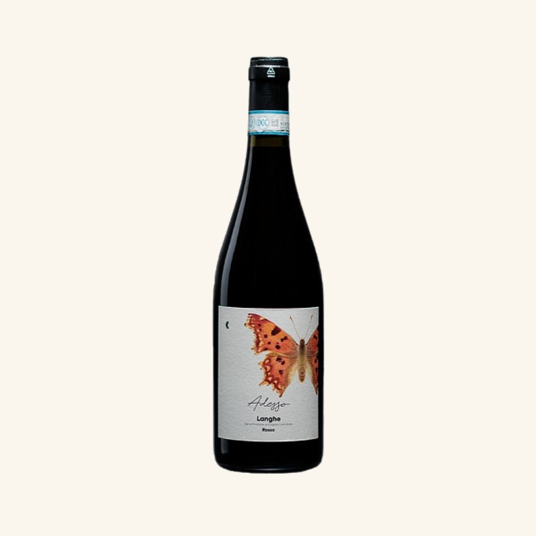 Wine bottle with butterfly label on a white background
