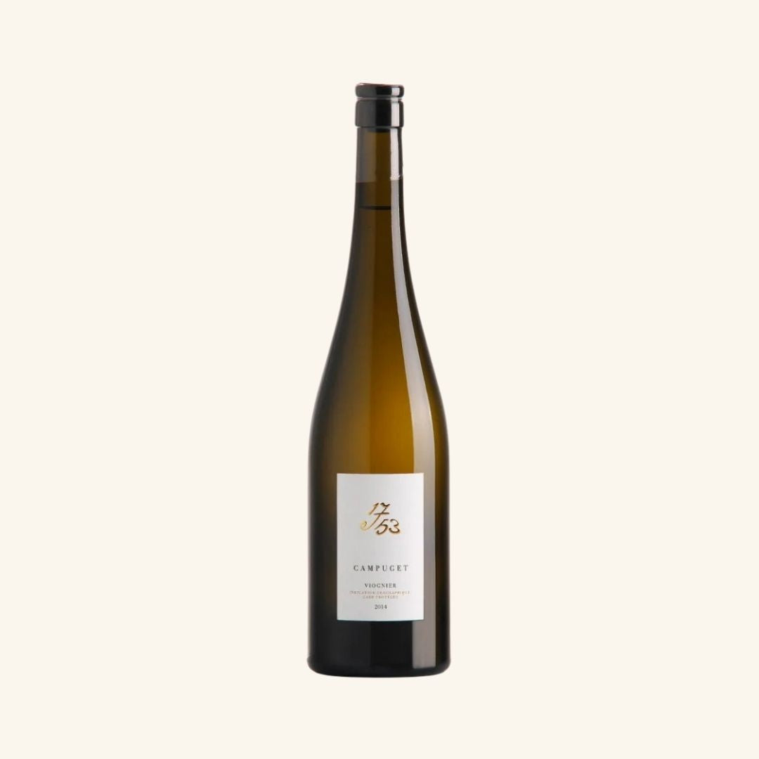 Wine bottle with a label branded 1753 campuget viognier on a white background