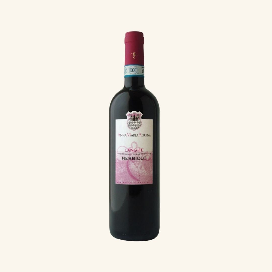 Wine bottle with a pink label branded anna maria abbona langhe nebbiolo on a white background