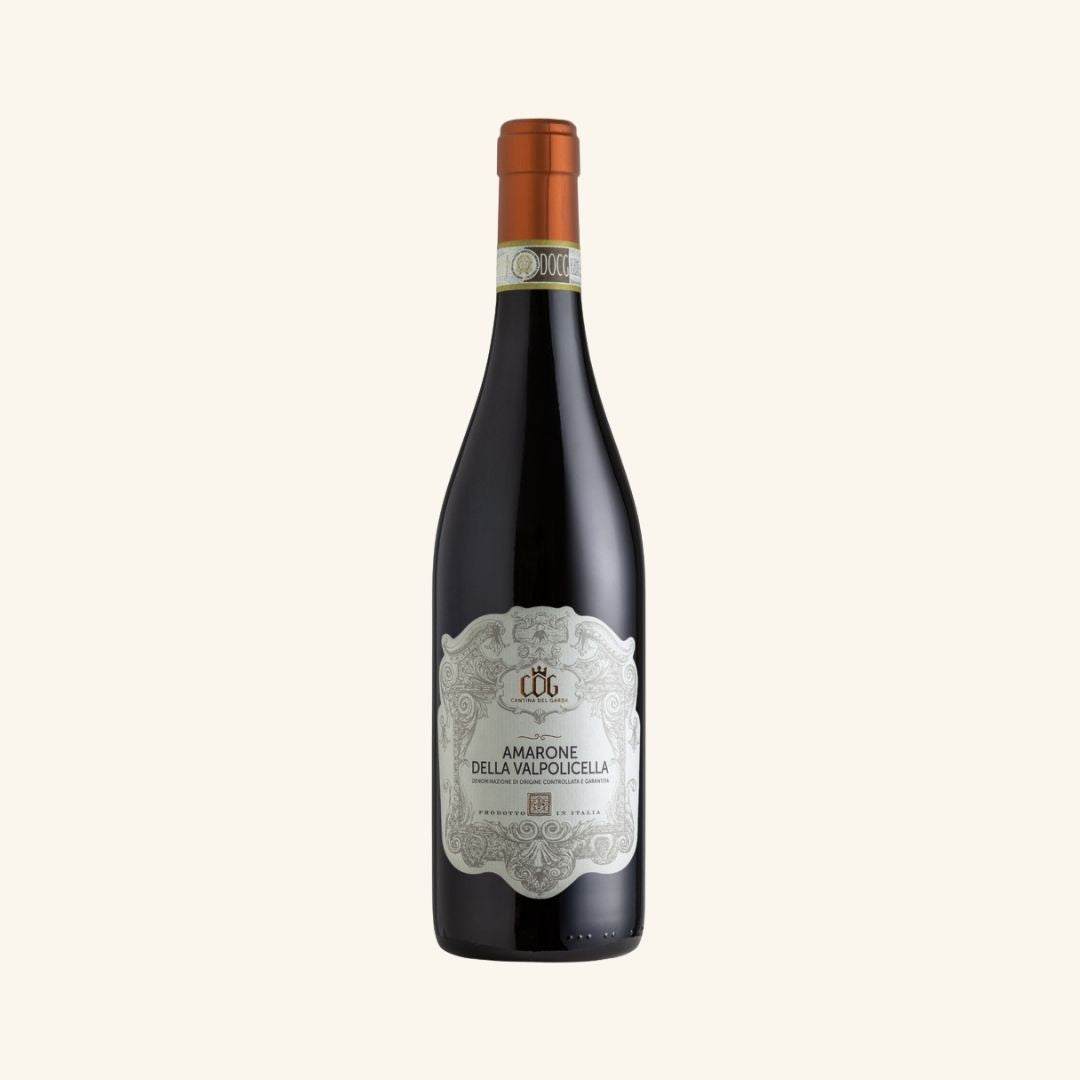 Wine bottle with a decorative label branded amarone della valpolicella on a white background