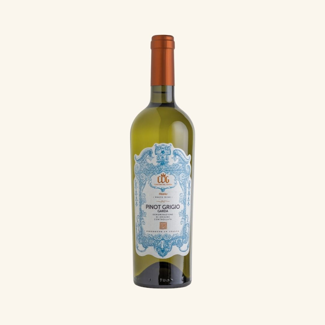 Bottle of Pinot Grigio branded Pinot grigio garda wine with a decorative label on a white background