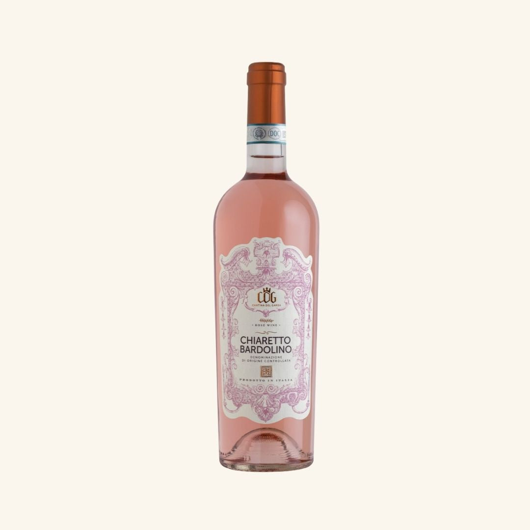 Pink wine bottle with decorative label branded chiaretto bardolino rosato on a white background