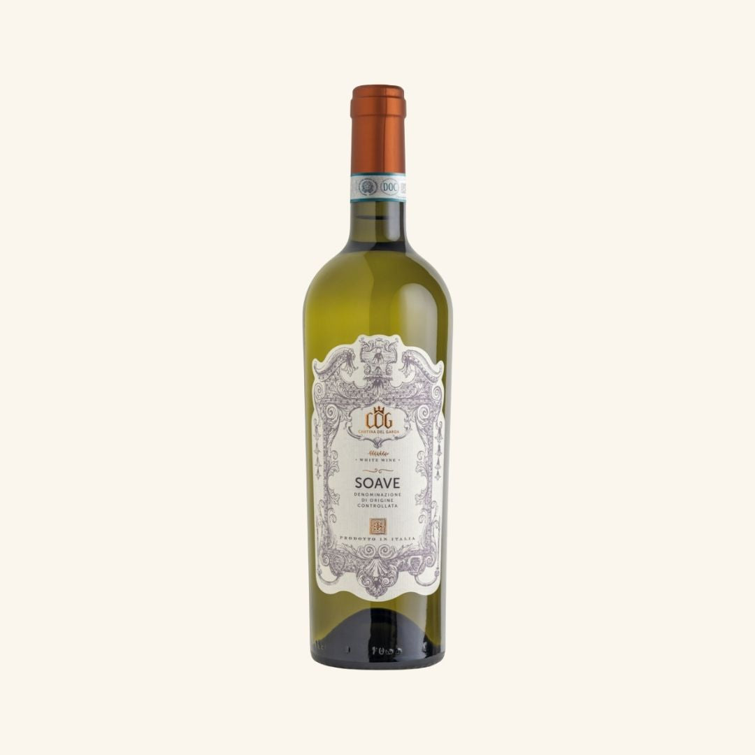 Wine bottle with a decorative label branded Soave on a white background