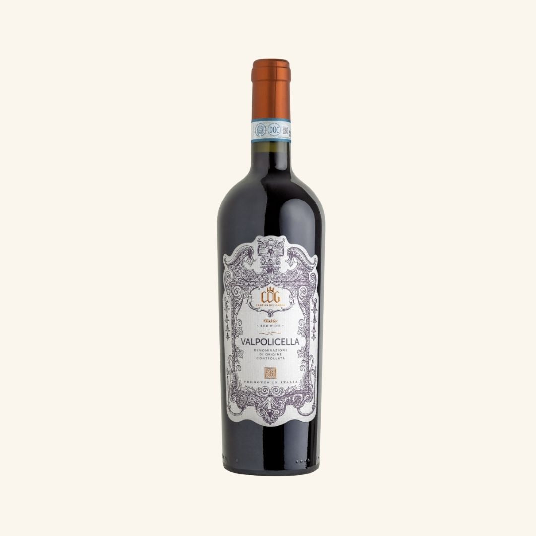Wine bottle with decorative label branded valpolicella on a white background