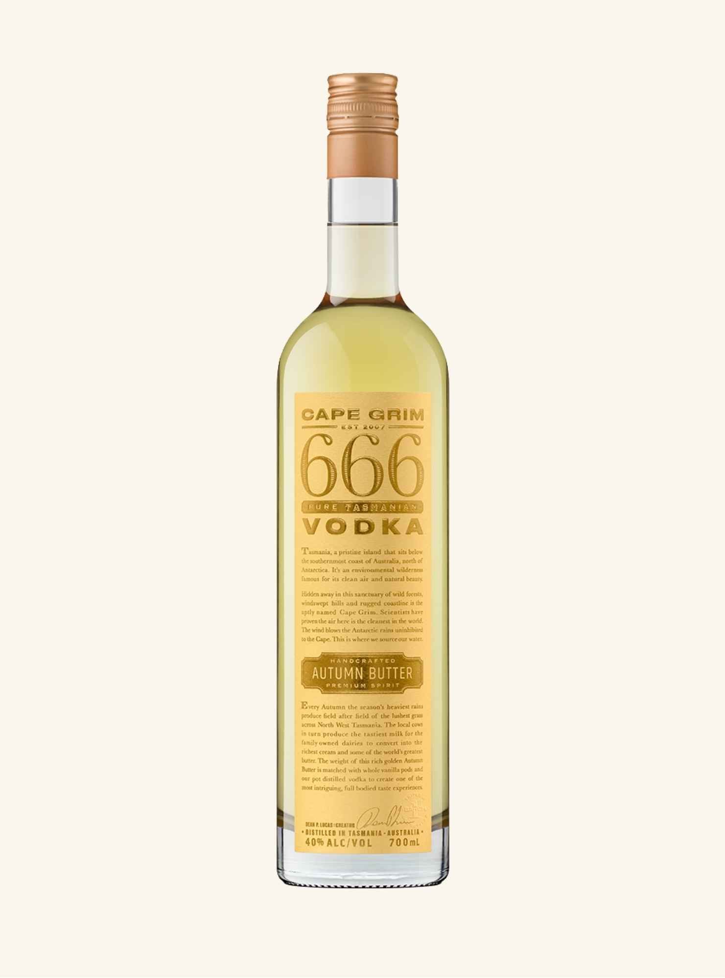 Bottle of Cape Grim 666 autumn butter Vodka on a white background