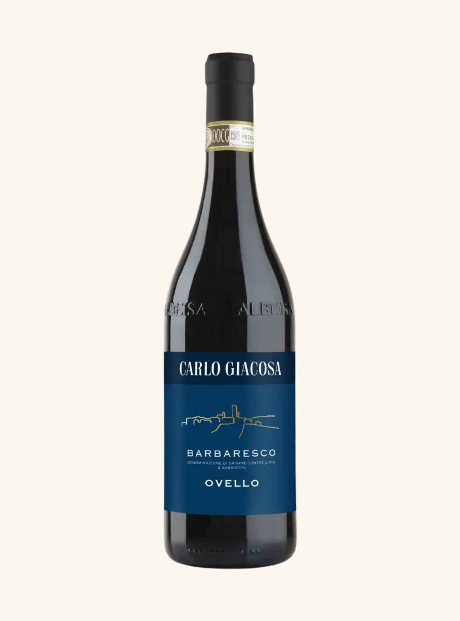 Wine bottle with a blue label branded carlo giacosa barbaresco on a white background