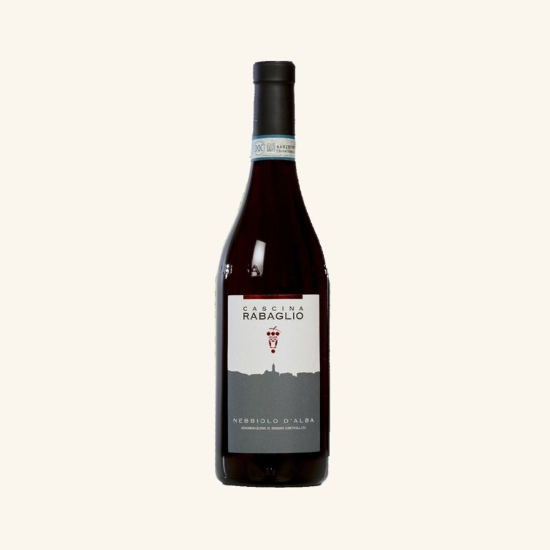 Wine bottle with a label brand;ed cascina rabaglio nebbiolo d'alba on a white background