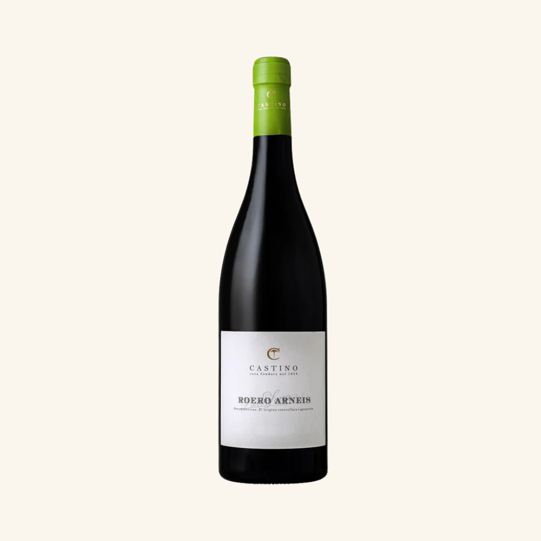 Bottle of Castino La Cresta Roero Arneis white wine with a green cap and a label that includes the brand name and the grape variety.