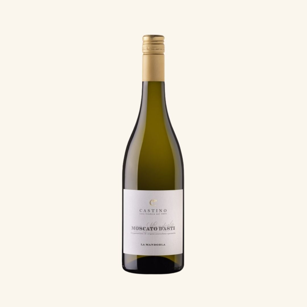 Wine bottle with a white label branded castino moscato d'asti on a light beige background