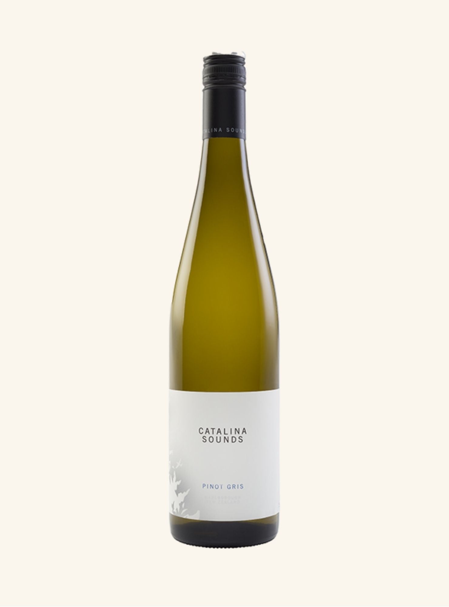 Wine bottle with 'Catalina Sounds Pinot Gris' label on a white background