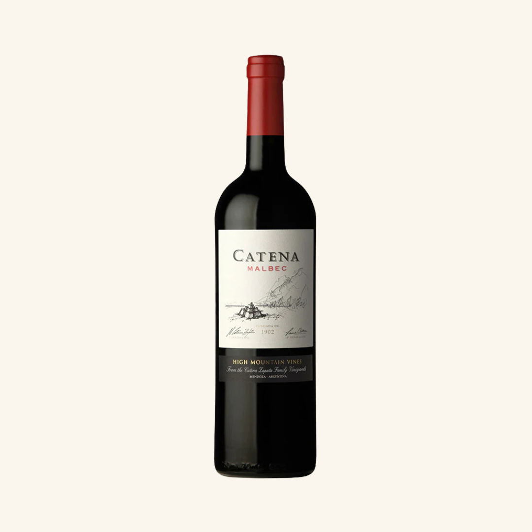 A bottle of Catena Zapata Malbec wine with a label featuring a drawing of a grapevine and mountain range, predominantly red and white with a black cap.