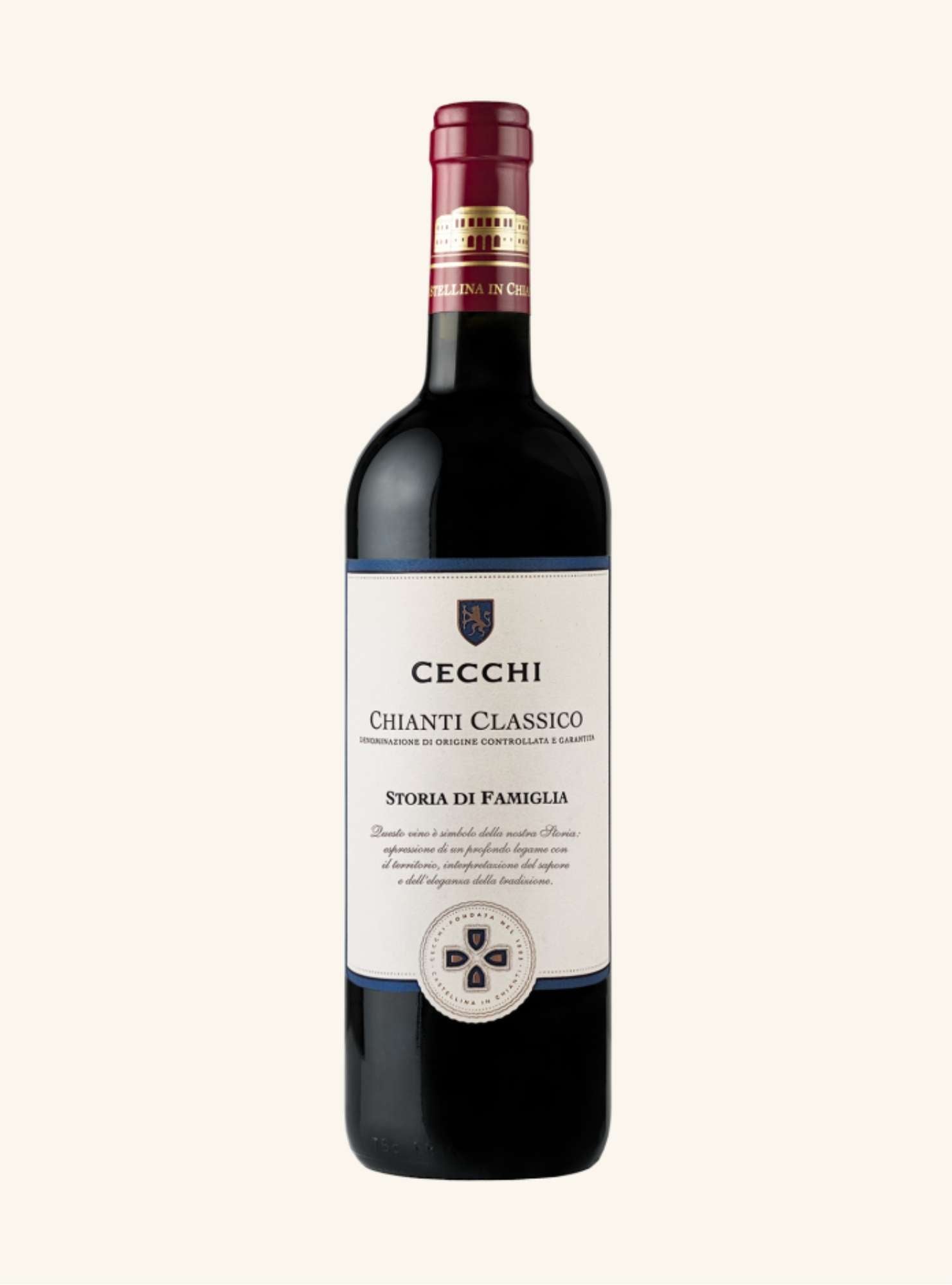 Red wine bottle with Cecchi Chianti Classico label on a white background