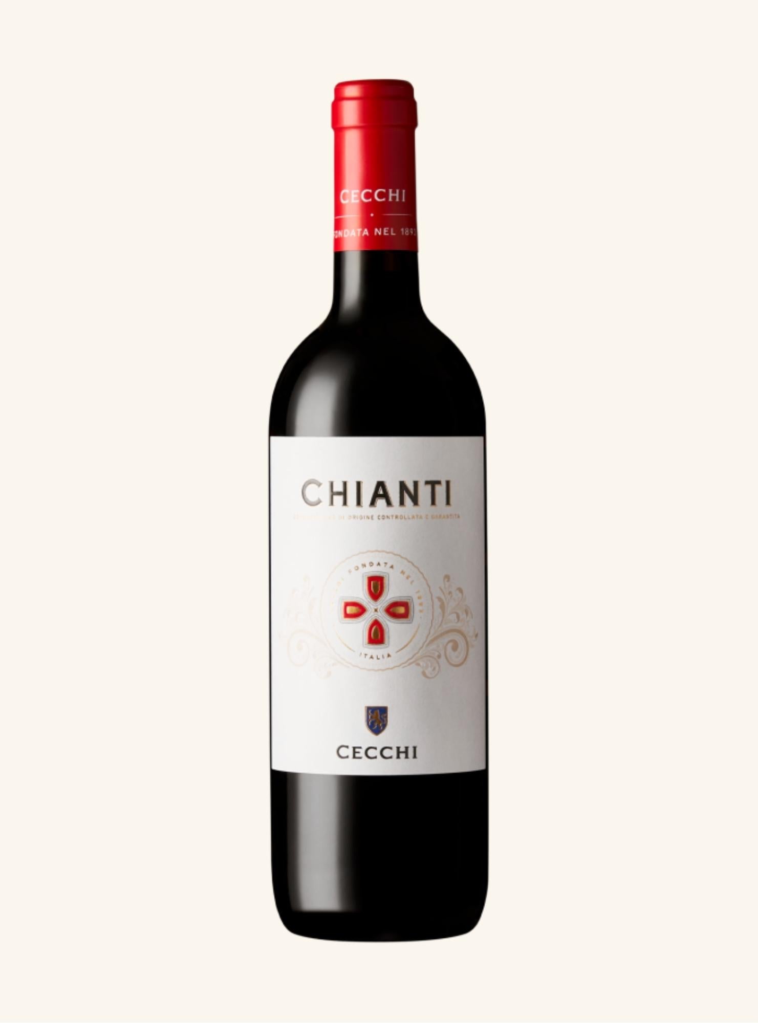 Red wine bottle with 'Chianti by cecchi' label on a white background