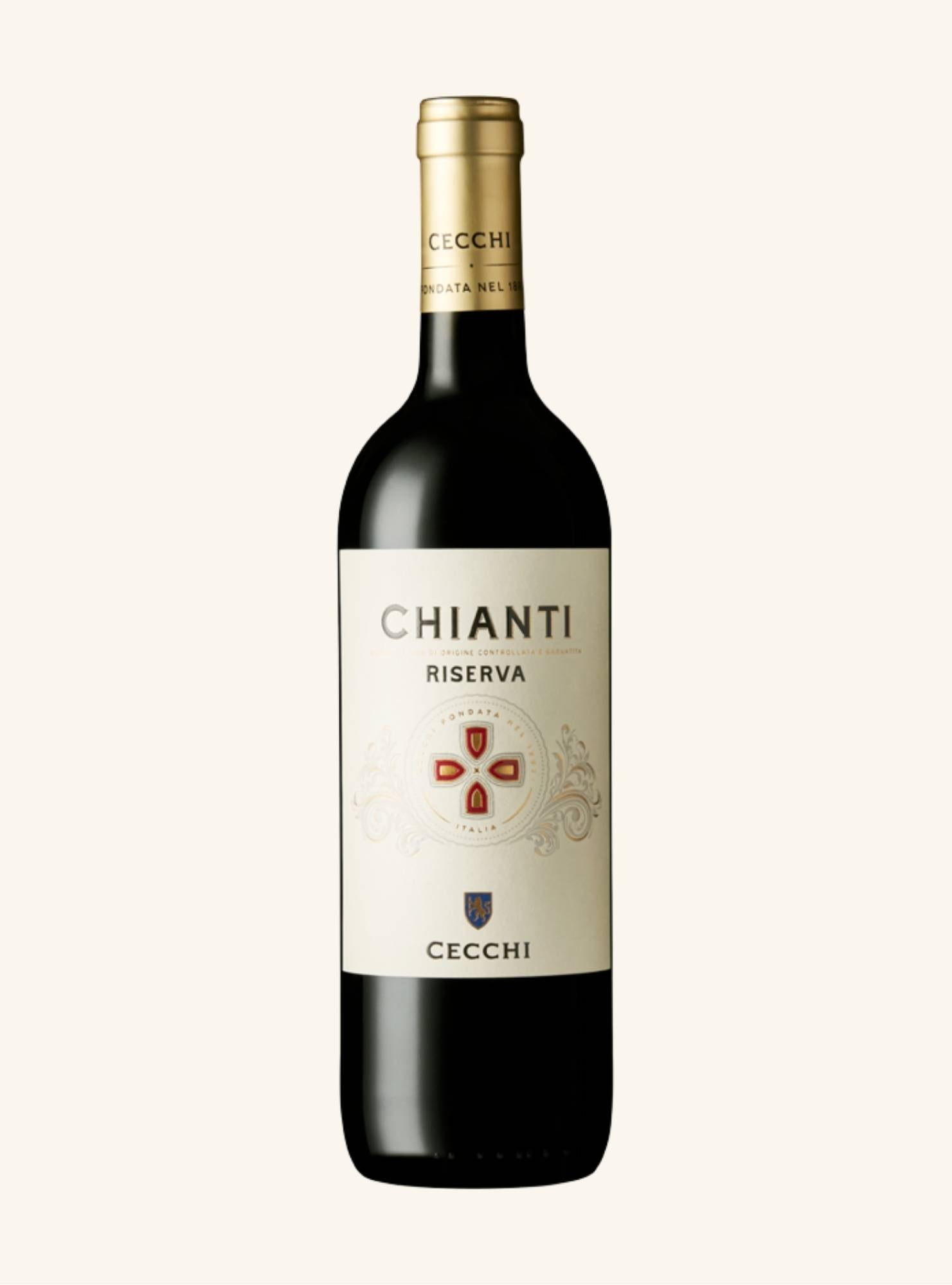 Chianti Riserva wine bottle with Cecchi label on a white background
