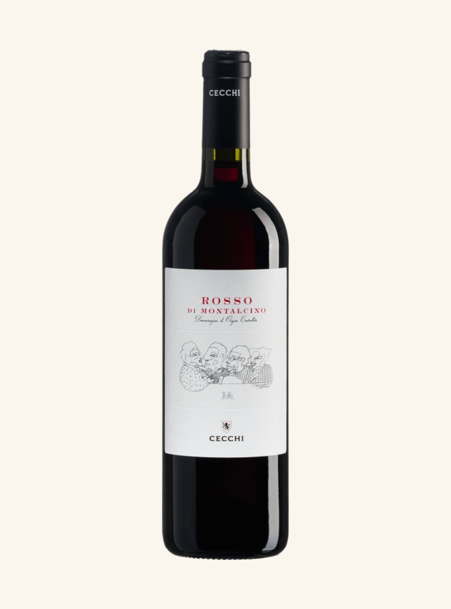 Red wine bottle with a white label on a light gray background