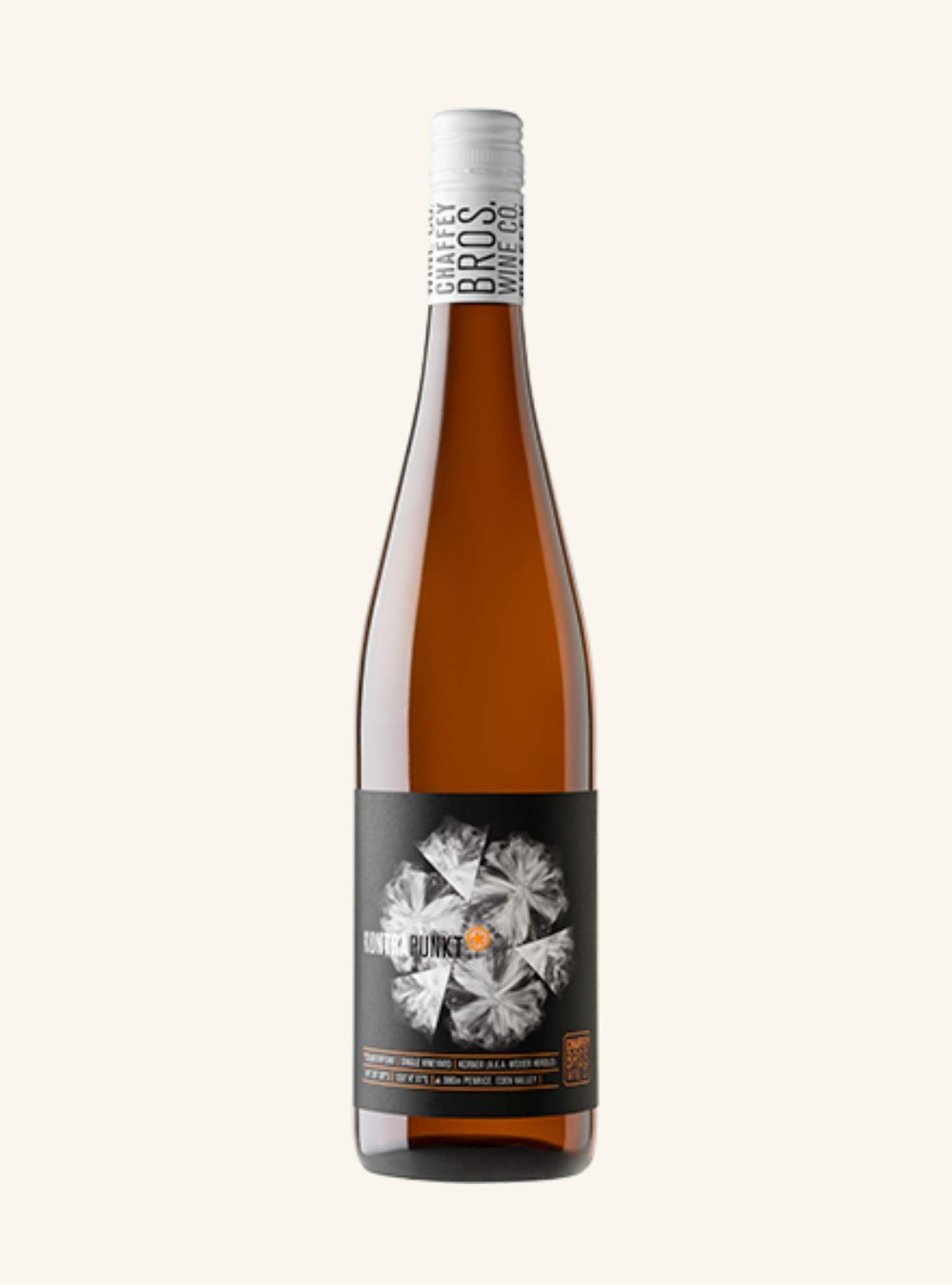 Wine bottle with a label branded kontrapunkt kerner on a white background