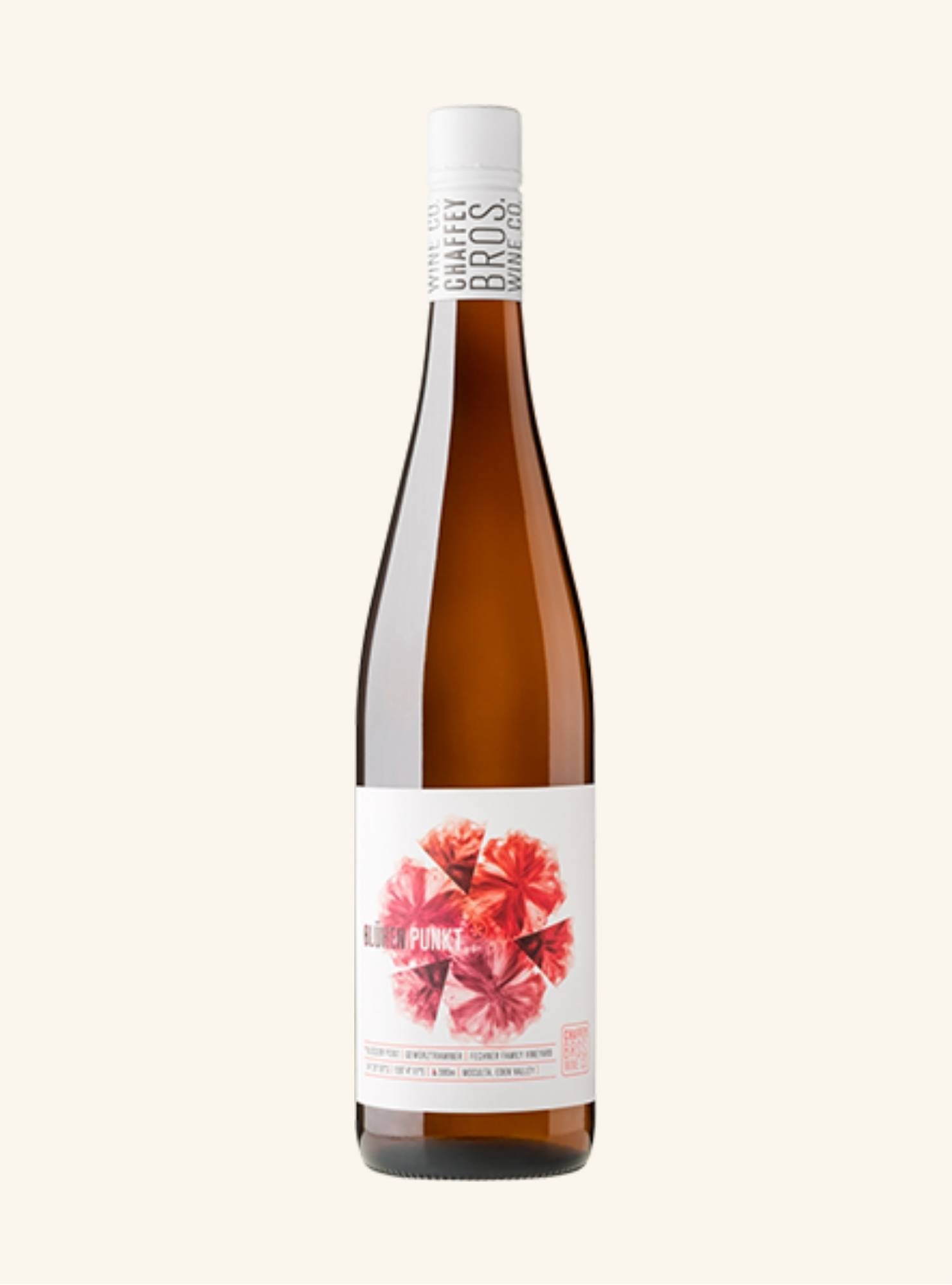 Wine bottle with a floral label branded chaffey bors Bluhen Punkt gewurztraminer on a white background