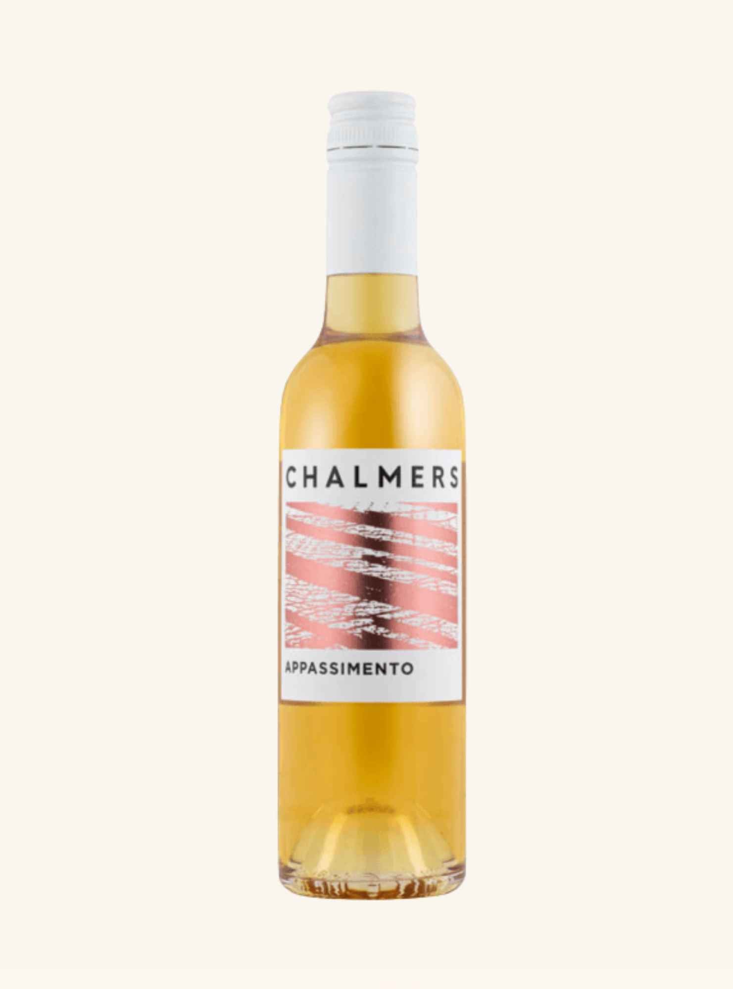 bottles of chalmers appassimento dessert wine with a white label and white cap on a white background.