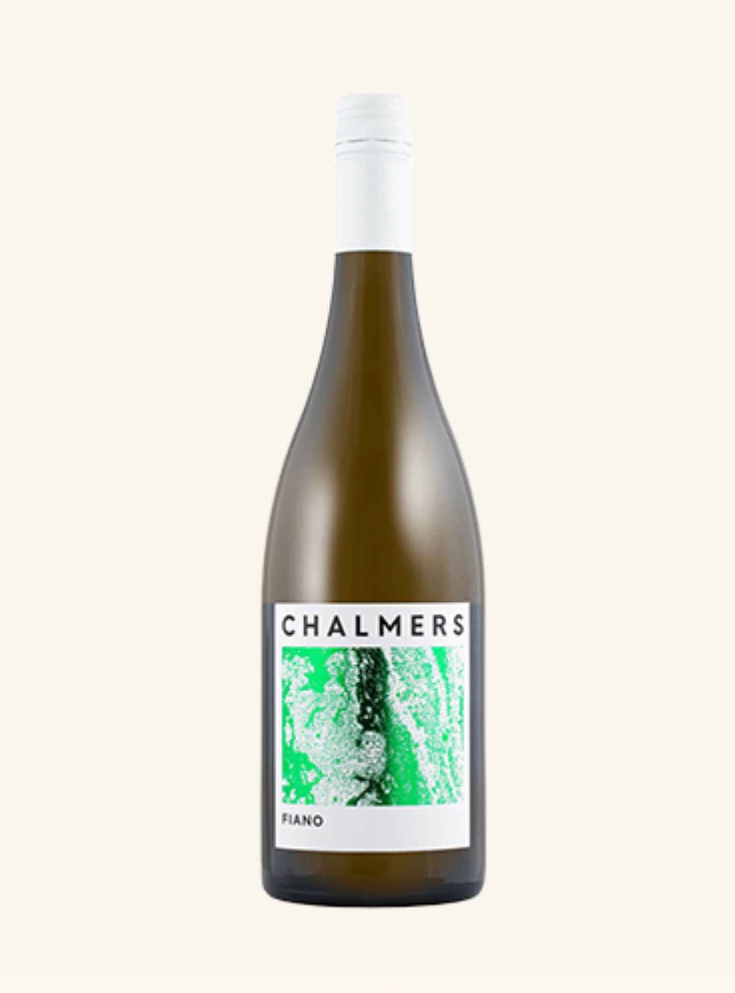Bottle of Chalmers Fiano with a white and green label, white cap on a white background.