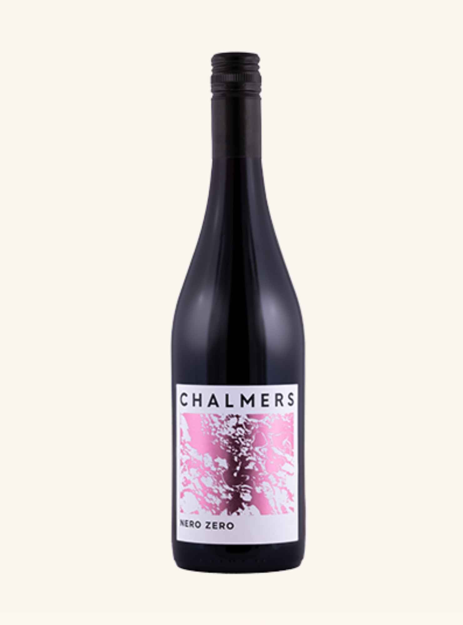 bottle of chalmers nero zero non alcoholic wine with a white label on a white background.