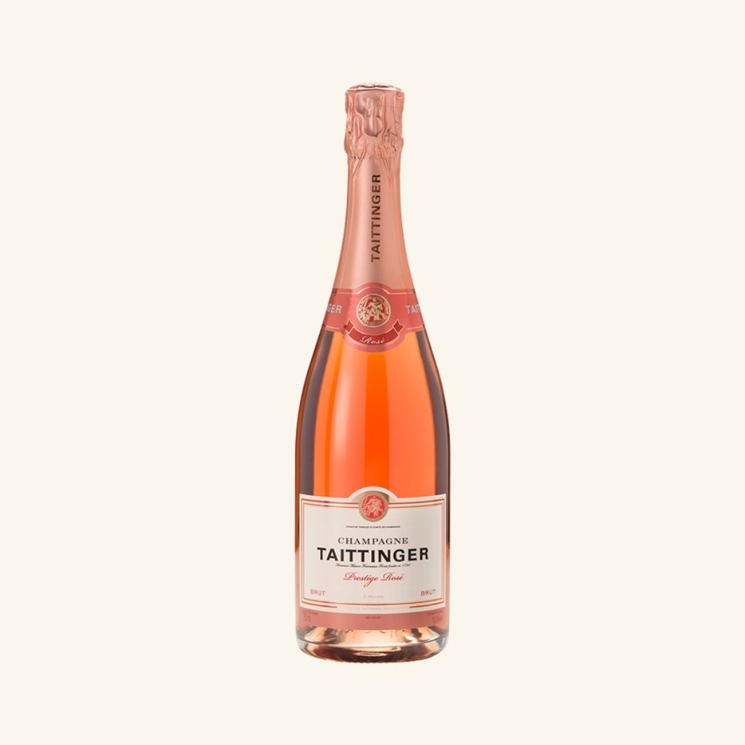 Bottle of Taittinger Rose champagne on a white background