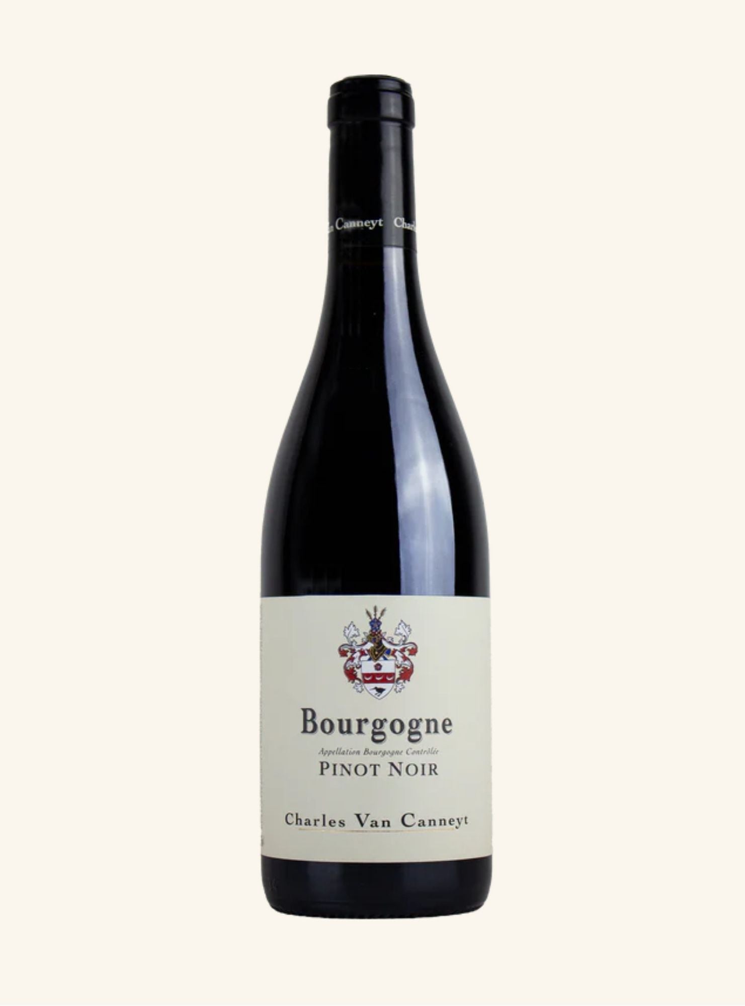 Bottle of Bourgogne Pinot Noir wine with a visible label identifying it as Bourgogne Pinot Noir by Charles Van Canneyt,  on a white background