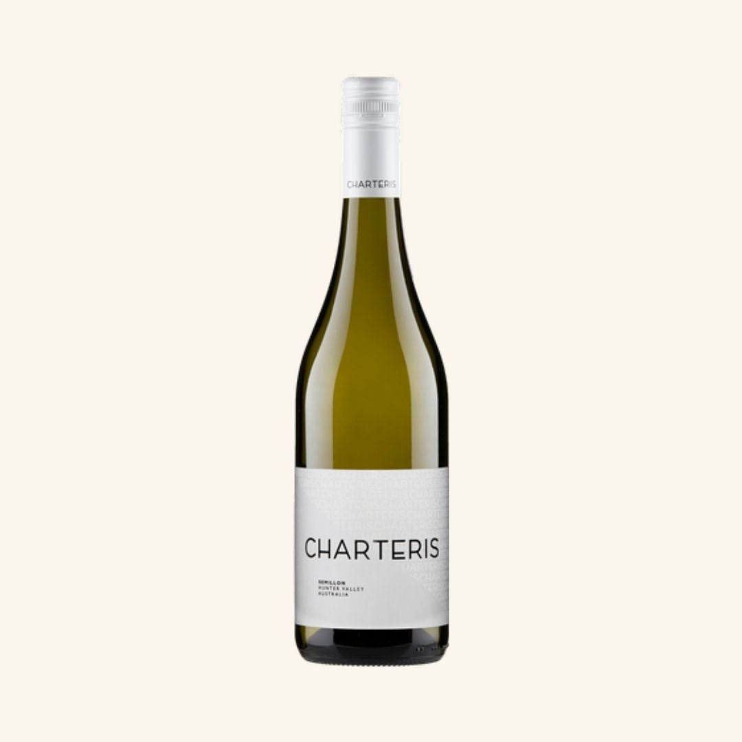 Wine bottle with 'Charteris' label on a white background